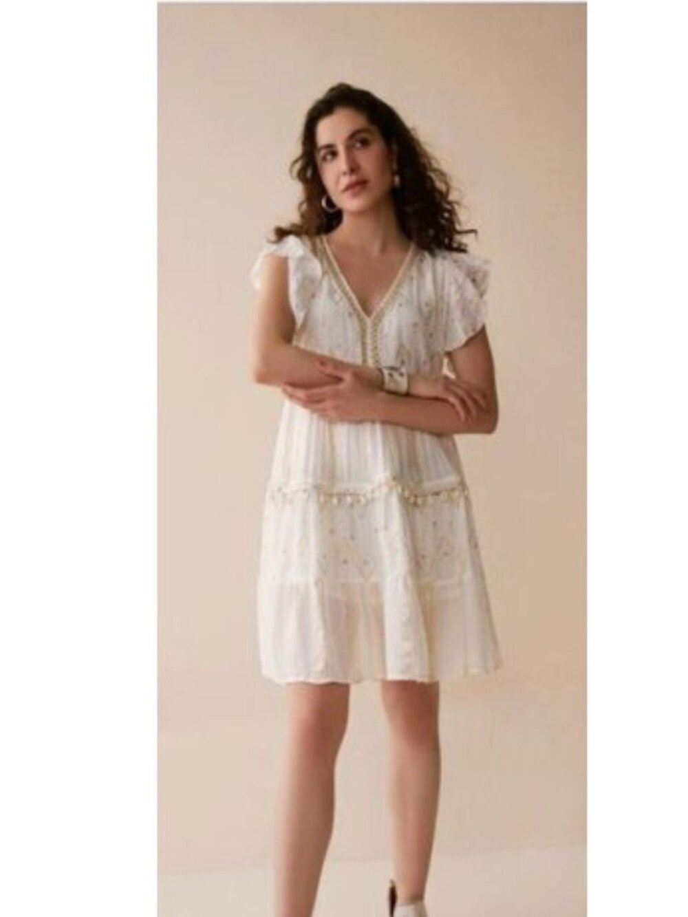 BOHERA Juleebee Flutter Sleeve V-Neck Shell Embellished White/Gold/Silver XL